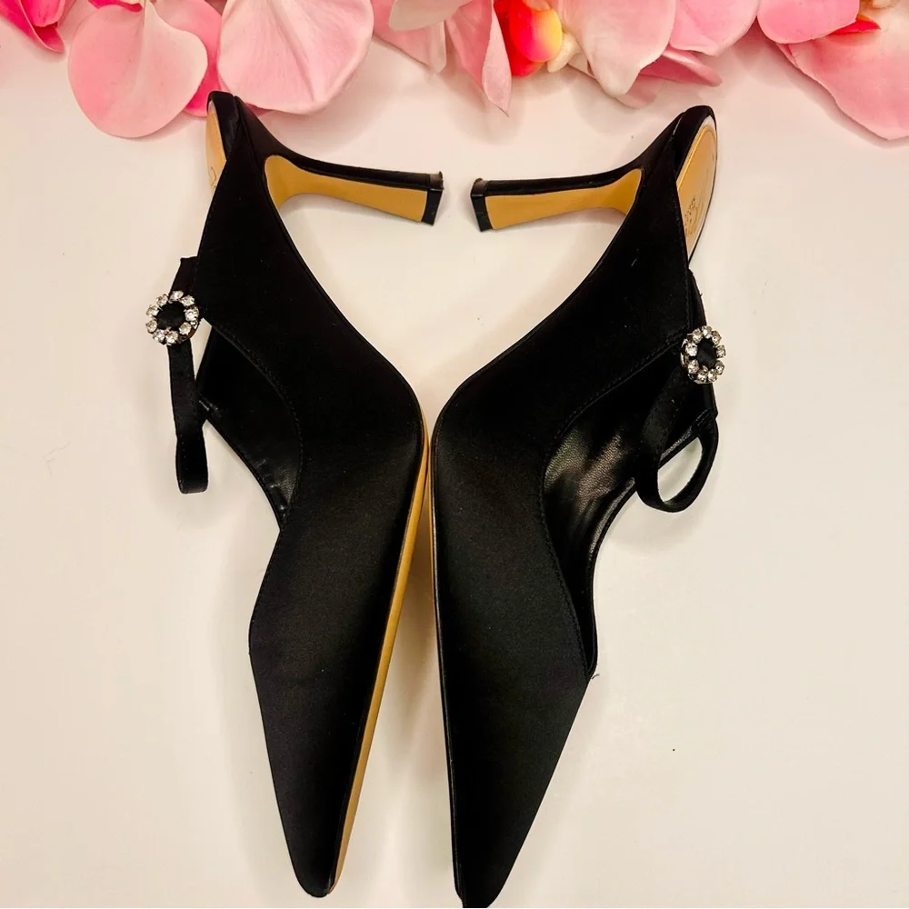 Jewel Badgley Mischka | Kaylin Pointed Toe Mule - Black Satin Heels (Size 8.5) - Picture 9 of 16